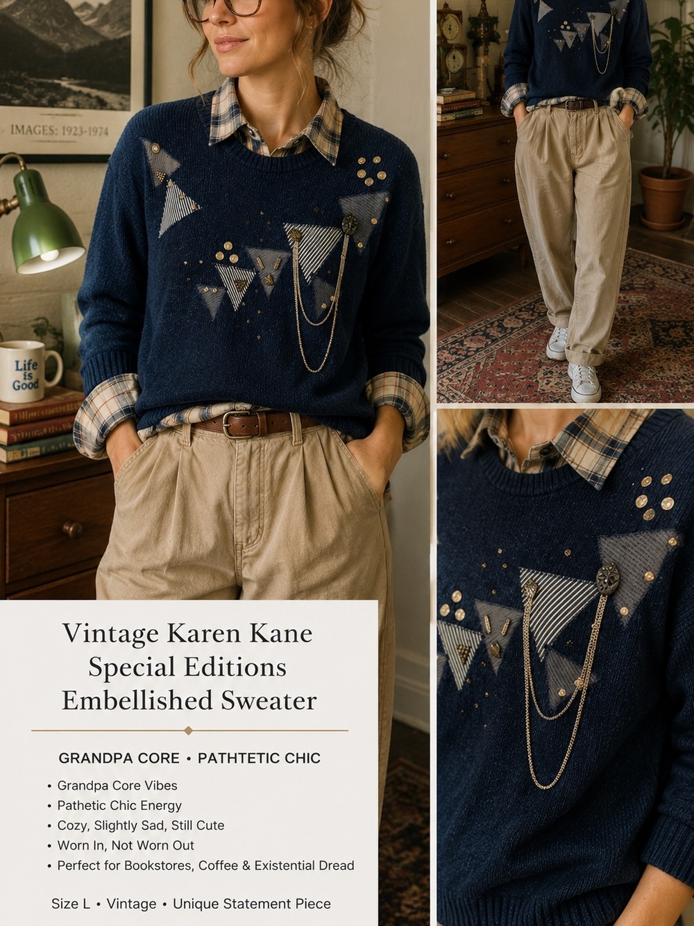 Vintage Karen Kauffman for Special Editions Embellished Sweater L Navy Geometric